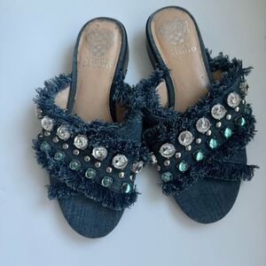 Vince Camuto Fringe Jewel Denim Open Toe Low Heel Comfort Sandal Size 6.5 Blue